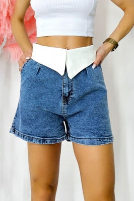 Pantaloni scurti cu doua texturi, denim si bumbac, Gallant, cu fold tip rever 