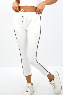 Pantaloni sport FlexLine, cu dunga laterala si lungime asimetrica, Alb detaliu
