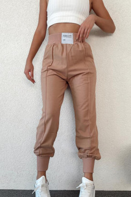 Pantaloni sport Janina, din bumbac, cu talie inalta si mansete elastice, Maro