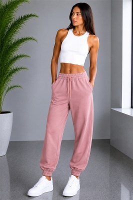 Pantaloni sport Lorenza, cu snur si mansete elastice, Roz