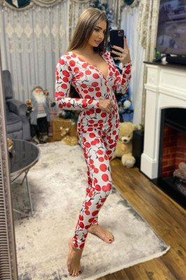 Pijama lunga tip salopeta Vicky, cu maneca lunga, inchidere cu nasturi si imprimeuri diverse, colorate, Cherry2