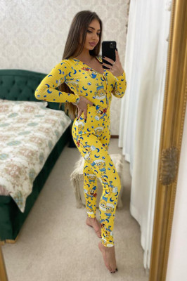 Pijama lunga tip salopeta Vicky, cu maneca lunga, inchidere cu nasturi si imprimeuri diverse, colorate, Yellow sponge1