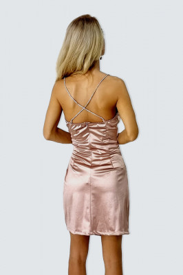 Rochie asimetrica Giraselle, cu drapaje frontale si bretelute stilizate, Roz deschis3