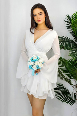Rochie babydoll Leina, asimetrica, croi petrecut si maneci evazate, Alb, Masura S/M2