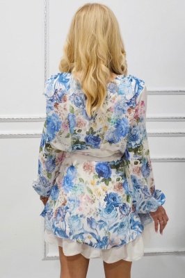 Rochie babydoll StarFlow, cu aspect vaporos si cordon in talie, Albastru pastel, Marime universala detaliu spate