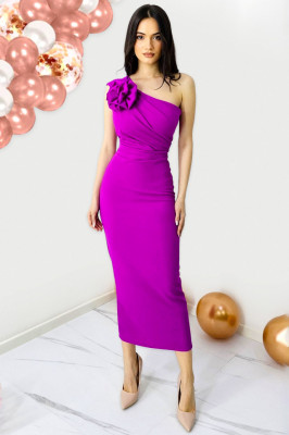 Rochie bandage de seara, ILona, cu detaliu floral detasabil, Magenta, Marime S/M