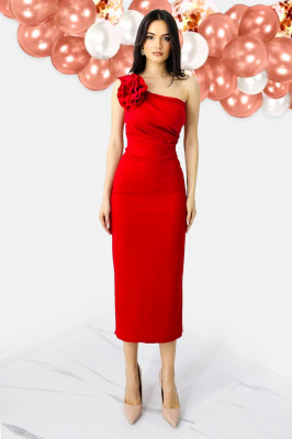 Rochie bandage de seara, ILona, cu detaliu floral detasabil, Rosu, Marime S/M