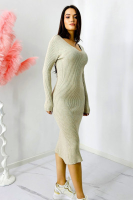 Rochie bodycon Mina, tricot cu casmir, decolteu si nervuri in relief, Alb melange 2