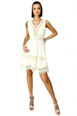 Rochie brodata Boema, cu dantela si elastic in talie, Alb unt, Marime S/M/L 3