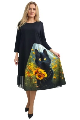 rochie midi confortabila cu imprimeu pisica galben