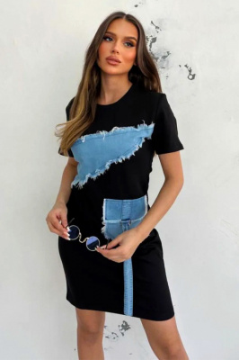 Rochie casual Nymar, cu detalii din denim si maneca scurta, Negru 2