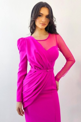 Rochie de ocazie Patricia, cu maneca lunga si detalii din tull, Fucsia 3