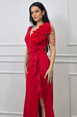 rochie de seara rosie cu aplicatie florala si falduri laterale feminine