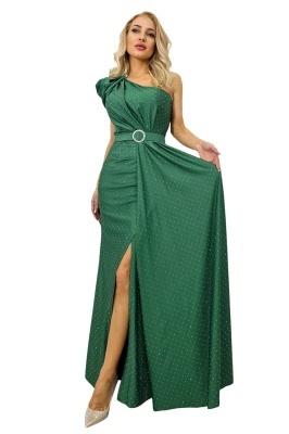 rochie verde de ocazie cu falduri si croiala fluida