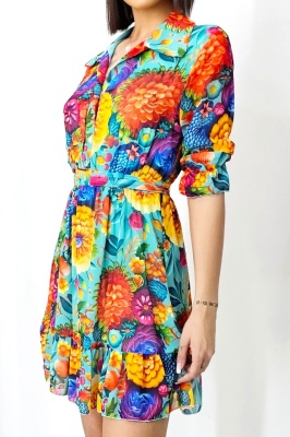 Rochie de vara Kasiana, cu maneca trei sferturi si imprimeu floral, Turquoise Dahlia, Marime S/M/L 3