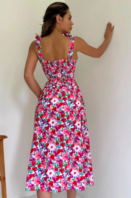 Rochie de vara Masha, cu bumbac bistrech si imprimeu floral, Red Petunia, Marime S/M 1