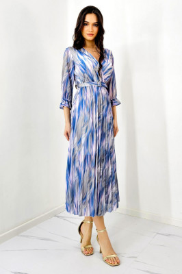 Rochie de zi Fatima, croiala plisata si imprimeu pastelat, Bleumarin, Marime S/M 4