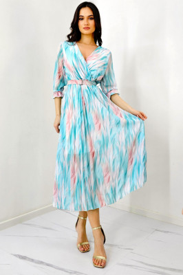 Rochie de zi Fatima, croiala plisata si imprimeu pastelat, Turquoise, Marime S/M 2