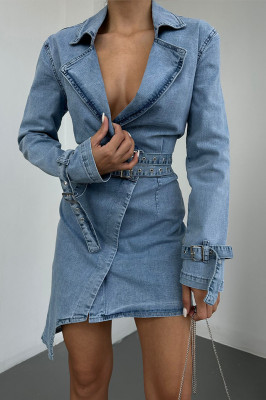 Rochie denim MEDDA, cu lungime asimetrica si curele, Albastru 2