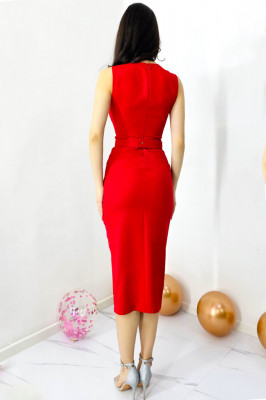 Rochie eleganta din bumbac, Naisha, cu pene naturale si crapatura laterala, Rosu spate