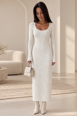 Rochie eleganta din tricot ASTRID, cu perle si croiala bodycon, Alb