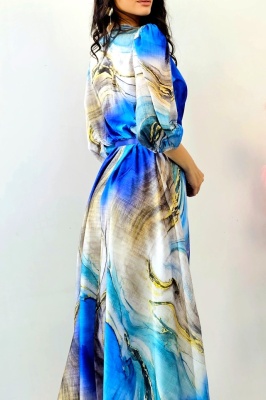 Rochie evazata LORY, cu imprimeu royal si curea metalica, Gold Blue detaliu