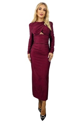 Rochie lunga, de ocazie AURRA, spate semidecupat si cristale, Bordo, Marime S/M
