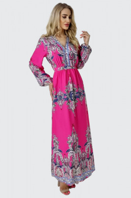 Rochie lunga Esmeray, cu maneci bufante si imprimeu in stil baroc, Roz1