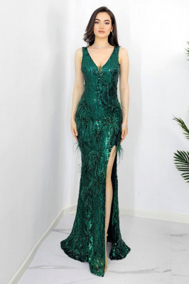 Rochie lunga Greta, cu paiete, puf si detalii florale in relief, Verde2