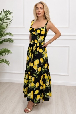 Rochie lunga in clos MELANIA, cupe buretate si imprimeu fructat, Negru, Marime S/M/L