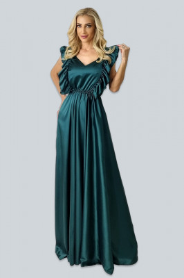 Rochie lunga Ingrid, cu volane si aspect vaporos, Verde imperial