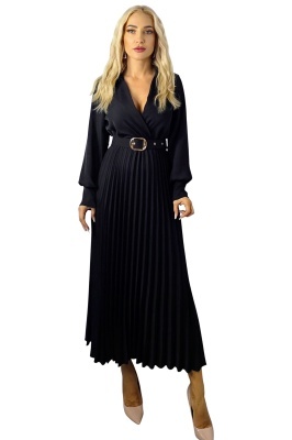 rochie neagra plisata cu decolteu adanc