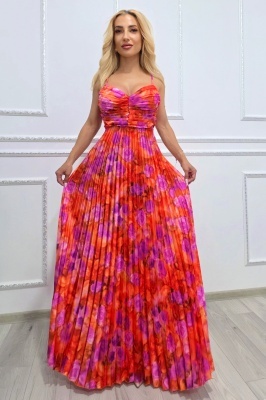 Rochie lunga plisata NYSA, cupe buretate si legare spate, Orange Hortensia, Marime S/M