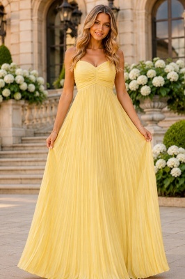 Rochie lunga plisata NYSA UNI, cu legare la spate, Galben, Marime S/M