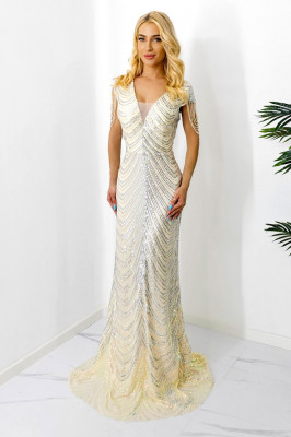 Rochie lunga Sabrina, cu paiete si cristale artizanale, Crem/Argintiu