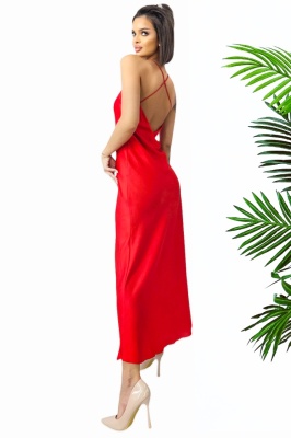 Rochie lunga satinata Priscilla, cu spatele gol si croiala halter, Rosu, Marime S/M 5