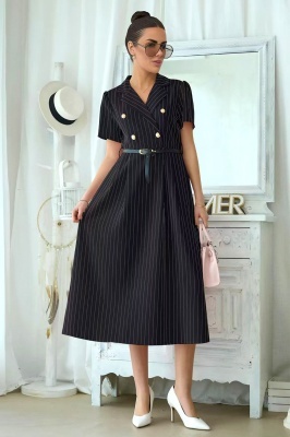 Rochie office cu dungi, Mireya, revere si curea, Negru, Marime S/M