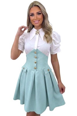 Rochie turquoise office chic cu maneci usor bufante si detalii fine