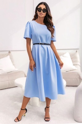 Rochie office ZALIA, croi bufant si curea subtire, Baby Blue, Marimea S/M