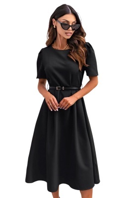 Rochie office ZALIA, croi bufant si curea subtire, Negru, Marimea S/M