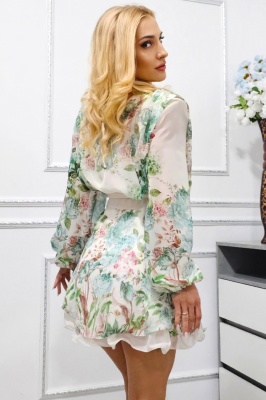 Rochie pastelata de zi StarFlow, cu aspect vaporos si cordon in talie, Verde floral, Marime universala S/M detaliu spate