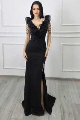 Rochie pentru evenimente Zenaria, cu trena, cristale si volane, NEGRU