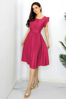 Rochie plisata midi, Elenor, cu volanase si curea asortata, Fucsia, Marime universala S/M2