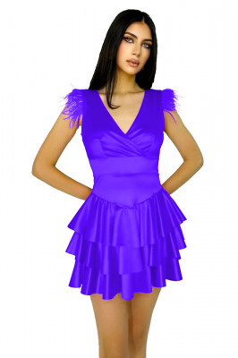Rochie satinata Anisia, cu volane, detaliu din pene si decolteu adanc, Mov, Marimea S/M3