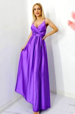 Rochie satinata Jhade, croiala decupata, cordon si bretele subtiri, Mov, Marime S/M