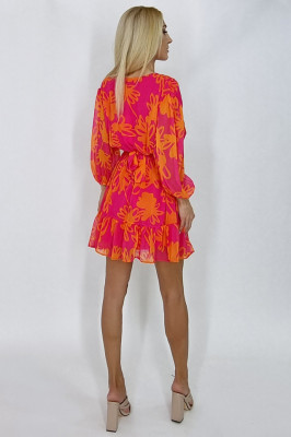 Rochie scurta Anemone, cu maneca trei sferturi si cordon stilizat, Orange3