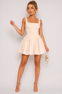 Rochie scurta babydoll MARA, cu spatele gol si funda, Crem, Marime S/M/L