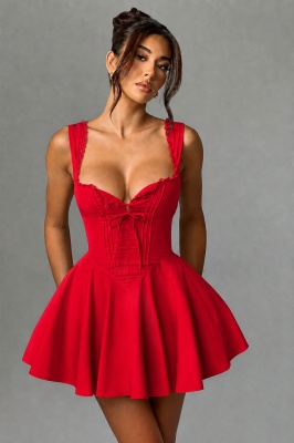 Rochie scurta babydoll SELVIA, cu nasturi si croi corsetat reglabil, Rosu, Marime S/M