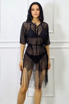 Rochie scurta de plaja neagra cu franjuri Moya Sea, efect brodat, decolteu reglabil cu snur si material transparent