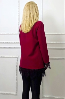 Rochie scurta sacou WALERIA, cu broderie neagra din dantela, Bordo, detaliu spate